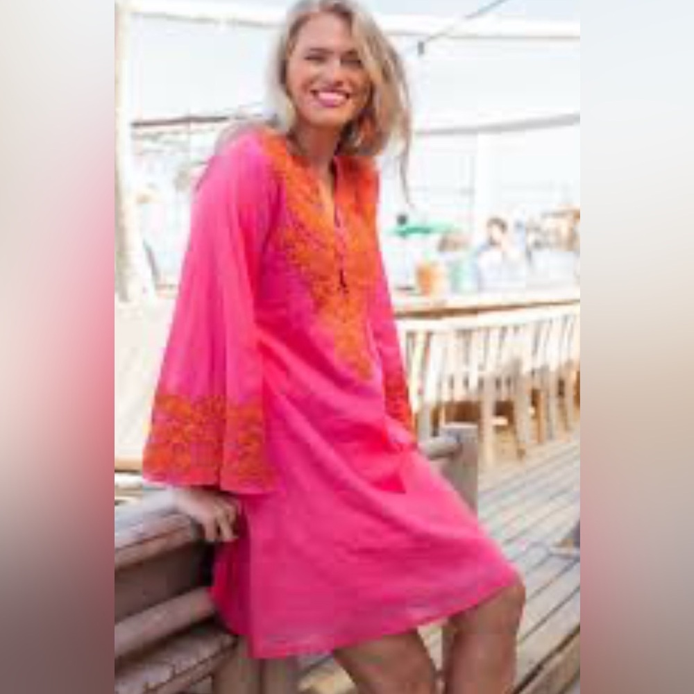 Place du Soliel Hot Pink Long Sleeve Dress with Orange Accents 100% cotton New M